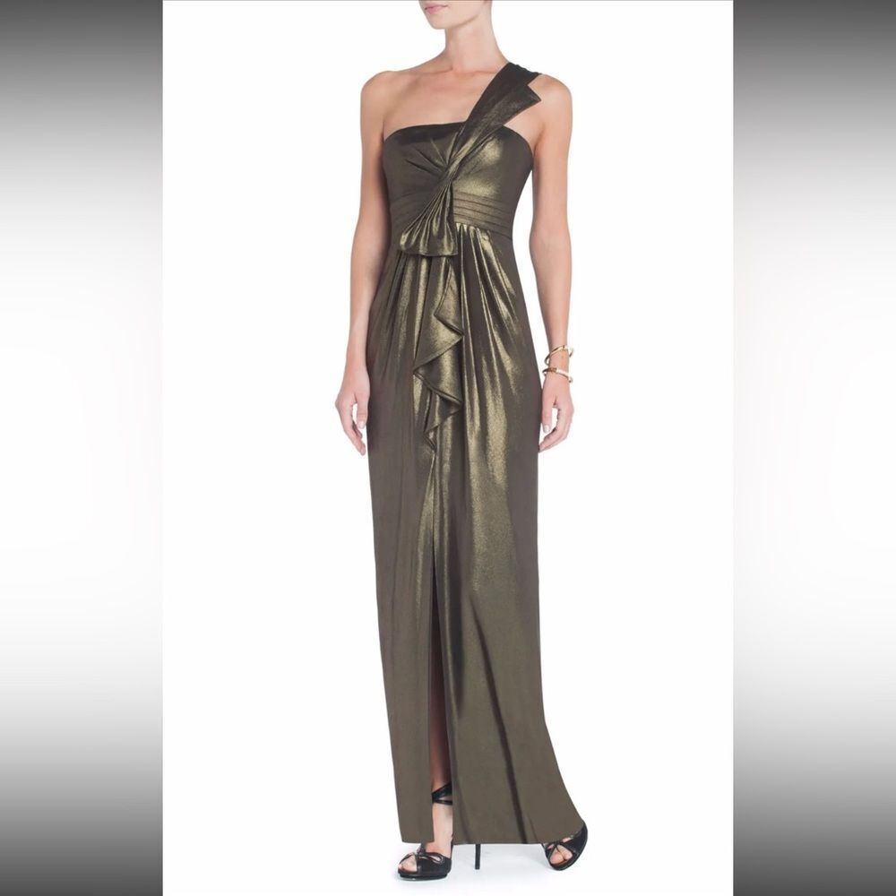 BCBGMaxAzria Barbara prom dress with slit, one shoulder and pleating in gold